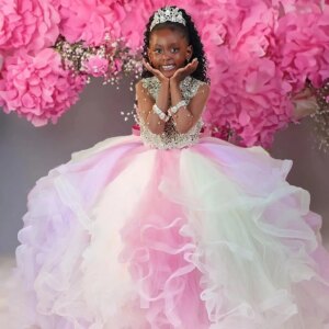 Colorful Beading Girls Birthday Party Dresses Bow Back High Neck Flower Girl Dresses Baby Kids Ball Gowns for Photo Shoot
