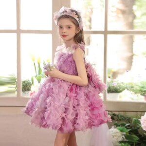 Jill Wish Luxury Fuchsia Flower Girl Dress with Bow 3D Flowers Princess Kids Wedding 1st Birthday Pageant Party Ball Gown J452