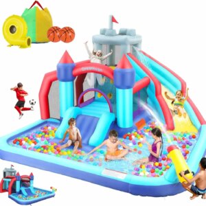 Inflatable Water Slide, 10 in 1 Bounce House Water Park with 580W Blower Climbing Wall, Splash Pool, Cannon, Jump Area, Basketba