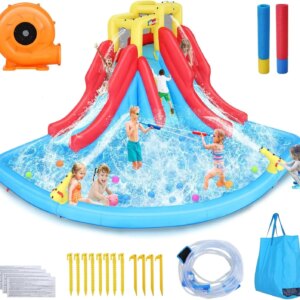 Double Dip Inflatable Water Slide Park – 14.5 x 12.7 x 7.5 FT Heavy-Duty for Backyard Fun with Giant Splash Pool, 2 Slides, Clim