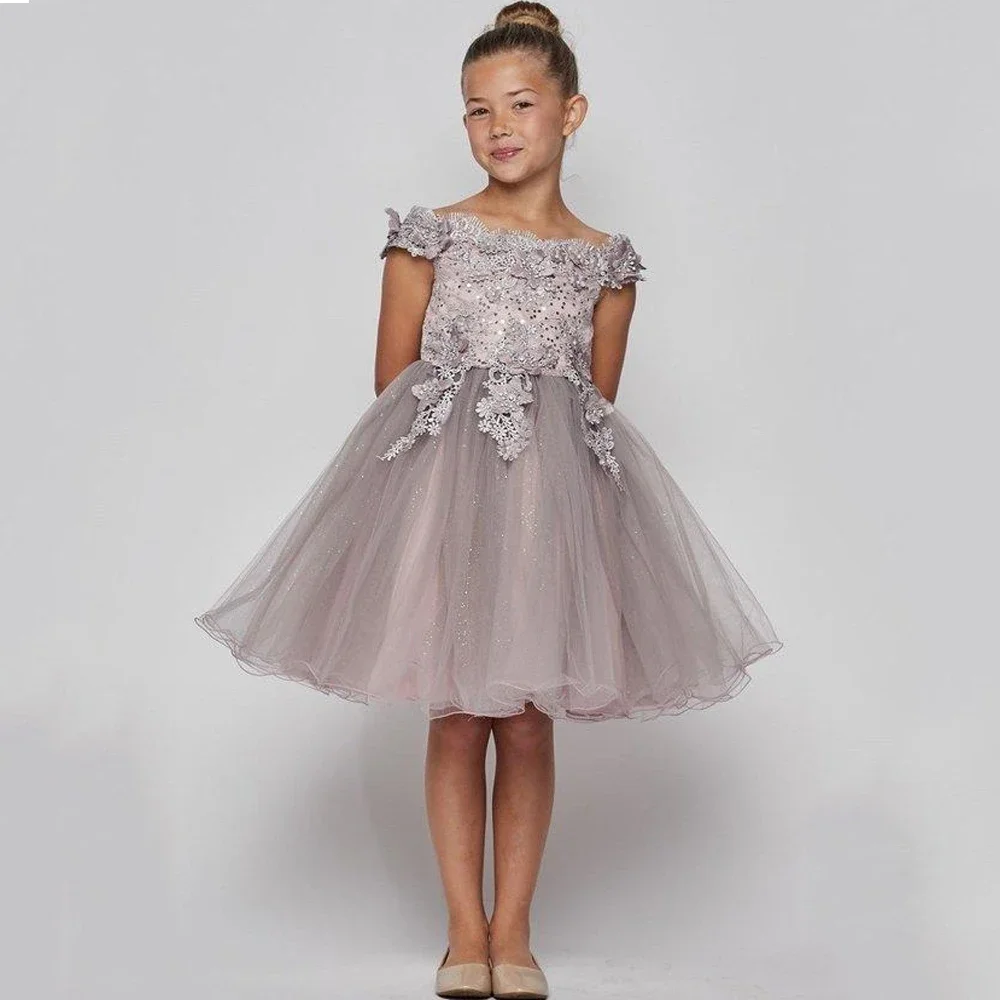 Customized Exquisite Flower Little Girl Dress Baby Dresses A-line Beautiful Appliques Off The Shoulder Sleeveless Kid Evening Pa
