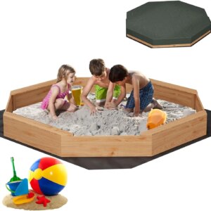 Wooden Octagon Sandbox with Cover, Outdoor Sand Box with 4 Bench Seats, Nylon Cover, Bottom Liner, Large Sandpit for Ages 3-8, S