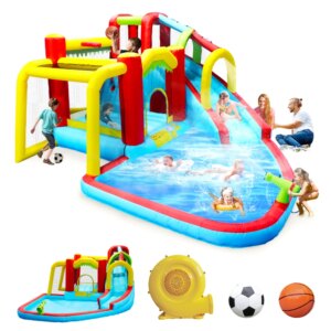 7-in-1 Inflatable Slide Water Park with Paddy Pool, Water Guns, Climbing Wall, Basketball and Football