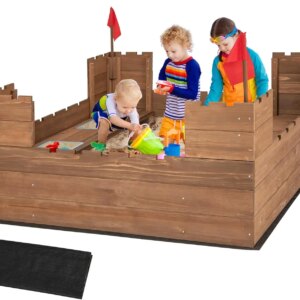 Kids Sandbox, Cedar Bottomless Sand Pit for Backyard, 4 Red Flags & Bottom Liner, Side Bench & 2 Boxes, Wooden Sand Boxes for Ki