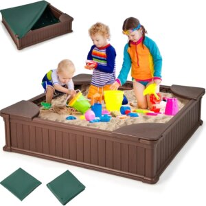 12.5″ Kids Sandbox with Cover, 48×48 Inch Large Pit for Backyard, 4 Corner Seats & Bottom Liner, Sand Protection, Coffee
