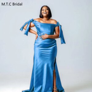 Elegant Long Blue Mermaid Bridesmaid Dresses For Black Women Off The Shoulder Side Split 2025 Custom Made Maids Of Honor Gowns