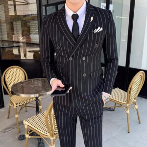 Slim Fit 3 Piece Men’s Stripe Suit Set Double-breasted Business Formal Wedding Groomman Pinstripe Jacket Blazer Vest Pants