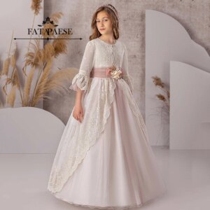 FATAPAESE Customized Flower Girl Dress VESTIDOS DE COMUNIÓN Prime Lace Floral Ribbon Belt Wedding Party Mini Bridesmaid Gowns