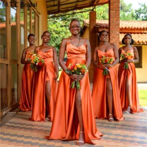 Long 2024 Orange African Bridesmaid Dresses A Line Lace Up Back Shiny Satin Custom Made Wedding Party Gowns Vestido De Festa