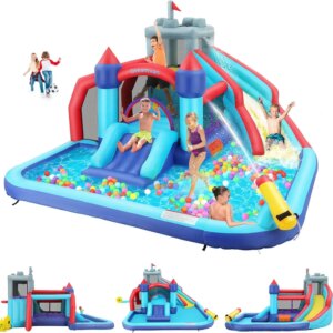 Inflatable Water Slide Bounce House for Kids,10-in-1 Double Slides Water Park with Ball Shooting, Climbing Wall, Jumping and Spl