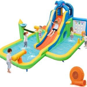 Inflatable Water Slide with 750w blower, 9 in 1 Elephant Waterslide Water Park for Kids Backyard, Splash Pool, Tic Tac Toe