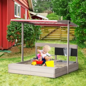 Outsunny Kids Sandbox with Canopy Adjustable, Wooden Sandbox Backyard Toy Outdoor Activity Gift for Girls and Boys, Ages 3-7