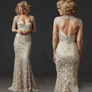 2024 New Vintage Champagne Mother Of The Bride Dresses Full Lace Long Sleeves Mermaid Wedding Guest Dress