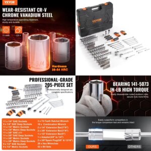 VEVOR Mechanics Tool Set and Socket Set 1 4″ 3 8″ 1 2″ Drive Deep and Standard Sockets 205 Pcs SAE and Metric Mechanic Tool Kit
