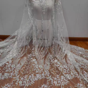 High Quality Floral Embroidered Irregular Lace White Beaded Shiny Sequins Fabric Women Wedding Lace