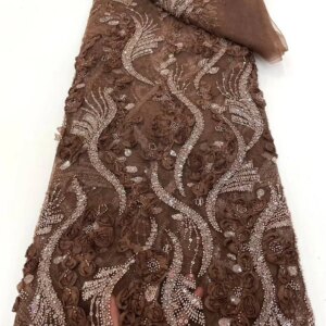 Latest French 3D Mesh Embroidery orange Sequins Lace Fabric African Nigerian Bead Lace Fabrics For Wedding Dresses 5Yards W692-1