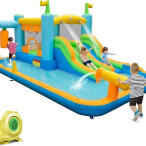 Inflatable Water Slide, Boxing Themed Water Bounce House with Waterslide for Kids Backyard, 735W Blower, Blow up Jump Castle Wat