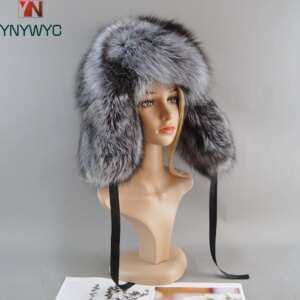 Real Fox Fur Pompom Bomber Hats Knitted Skullies Beanies Women’s Cap Winter Hats Russian Female Beanies Natural Raccoon Fur Hat