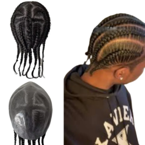 Indian Virgin Human Hair Replacement 1b# Natural Black Afro Cornrow Braids 8×10 Full PU Toupee Skin Unit for Black Men