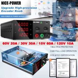NICE-POWER DC Power Supply Variable 60V 20A 1200W Bench Power Supply Output Switch Encoder Knob 15V 60A/30V 30A/120V 10A/200V 5