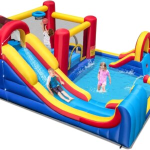 Inflatable Water Slide, 7 in 1 Giant Waterslide Park Bounce House for Outdoor Fun w/Dual Slides for Racing Fun, Splash Pool, Wat