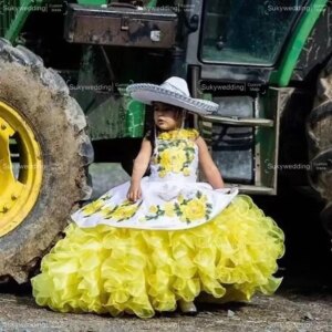 Mexican White Daffodil Flower Girls Dresses Puffy Tiered Skirt 3D Floral Lace Little Kid Birthday Communion Dress Customized