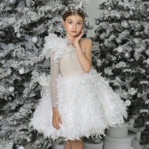 Exquisite Feathers Flower Girl Dress for Wedding Customized One Shoulder Pearl Lace First Communion Gown Pageant Party Dresses