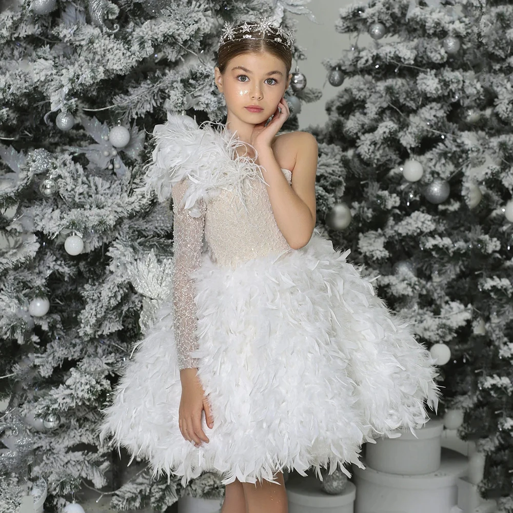 Exquisite Feathers Flower Girl Dress for Wedding Customized One Shoulder Pearl Lace First Communion Gown Pageant Party Dresses
