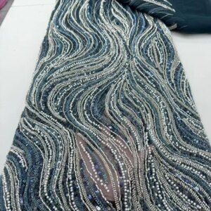 French luxurious chiffon fabric, African heavy beaded lace fabric, high-quality Nigerian sequined pearl lace dress sewing
