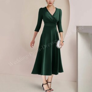 Mother of the Bride Dresses Velvet Beads V-Neck Half Sleeve Tea-Length Wedding Party Skirt for Women Evening Gala customized
