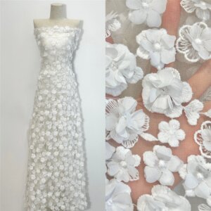 White Color 3D Flowers Lace African Bridal Handmade Heavy Net Embroidered Fabric For Weeding Party Dress Making