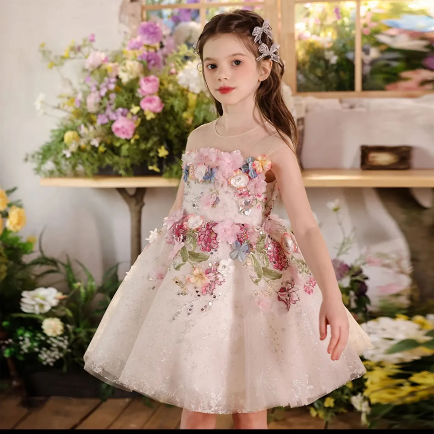 Jill Wish Luxury Appliques Floral Flower Girl Dress Lace Flowers Princess Kids Wedding 1st Birthday Pageant Party Gown J404A