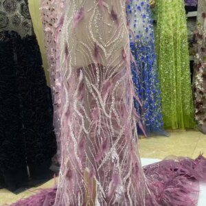 2025 Purple Feather Beaded Lace Fabrics With Sequins African Wedding Party Dress Pink Beaded Sequin Tulle Lace For Sewing KB4540