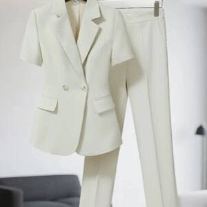 Handmade Two Pieces Blazer Pants Women Suits Short Sleeves Notch Lapel Single BreastedSimple Business Office Women Customized
