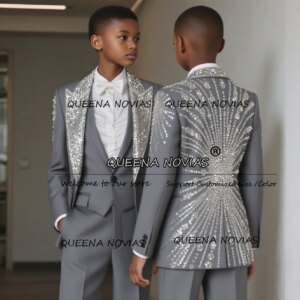 Sparkling Crystals Beaded Boy Suits For Wedding Customized Sliver Sequins Lapel Children Tuxedos Formal Party Kids Prom Blazers