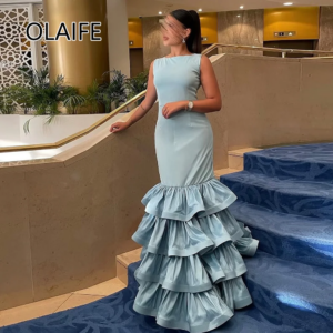 vestidos de festa Modest O-neck Satin Evening Saudi Arab Dress Tiered Ruffles Sheath Sexy Evening Gown for Women Customized
