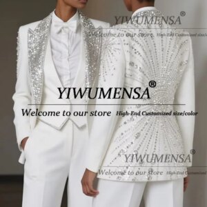 Gleaming Beaded Crystals Mother Of The Bride Dress Sequins Peaked Lapel Prom Blazers Customized 3 Pieces Women Suits For Wedding