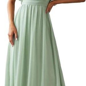 Women’s Bridesmaid Dress V-Neck Ruffle Sleeves Ruched Bust Floor Length Chiffon Formal Dresses wedding guest dress