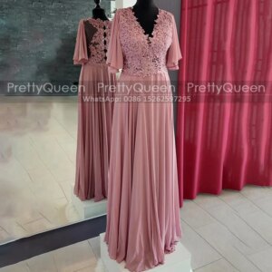 Customized A Line Long Mother of the Bride Dresses Three Quarter Sleeves Appliques V Neck Sheer Back Plus Size Prom Dress Party