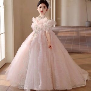 Jill Wish Luxury Pink Crystal Girl Dress Off Shoulder Court Train Arab Kids Princess Wedding Birthday Party Pageant Gown J334