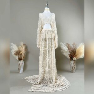 Don&Judy Vintage Boho Long-sleeved Hollow Out Set Maternity Dresses Cotton Baby Shower Dress Pregnancy Photo Shooting Outfit