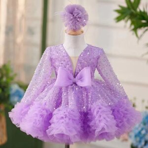 Jill Wish Luxury Lilac Arabric Girl Dress Sequined Bow Baby Kids Princess Birthday Wedding Party Children Holiday Gown 2025 J152