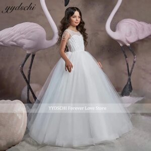 Elegant White Glitter Beading Ball Gown Flower Girl Dresses 2025 Sleeveless Princess Birthday Party Kids First Communion Gowns