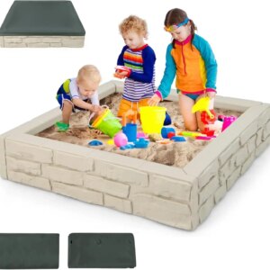 Sandbox with Cover, 47×47 Inch Square Sand Pit for Backyard, Bottom Drainage Oxford Liner, Brick White, All Weather Resistant