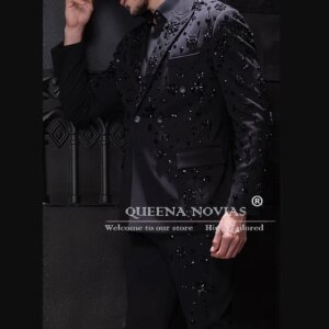 Elegant Groom Wedding Suits Gemstones Beaded Prom Blazers Customized Men’s Tuxedos Double Breasted Man 2 Pieces (Jacket Pants)
