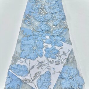 Luxurious African 3D Flower Beaded Mesh Lace Fabric with Sequins French Tulle for Nigerian Wedding Party Dresses Sewing 5 Yards