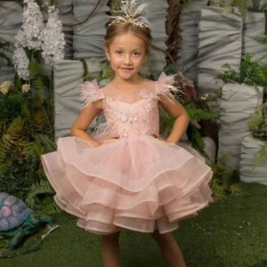 Dreamy Vow Elegant Pink Baby Flower Girl Dress Feathers Princess Kids Ball Gown for Birthday Wedding Party Holy Communion J144