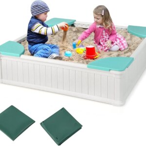 Kids Sandbox with Cover, 4ft x 4ft Sandpit with Oxford Cover, Bottom Liner, 4 Corner Seats, Weather Resistant, White