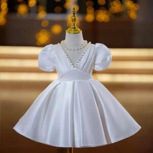 Dreamy Vow Elegant V-Neck Pearl Satin Flower Girl Dress Short Sleeve Wedding Birthday Party First Communion Ball Gown J797
