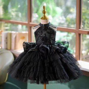 Jill Wish Elegant Black Arabic Flower Girl Dress Pearls Sequined Princess for Kids Wedding Birthday Holiday Party Ball Gown J451